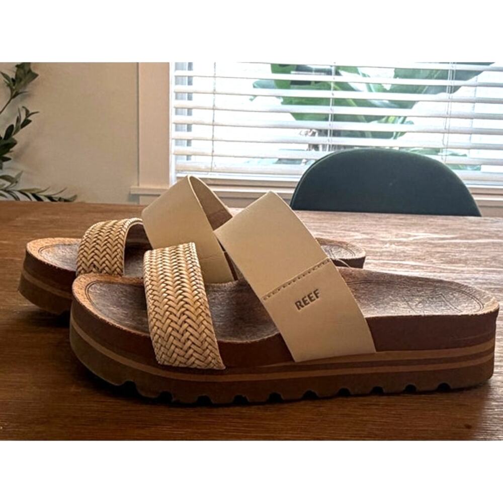 Reef Women's Platform Slide Sandals Size 7 Beige Raffia Cork Footbed